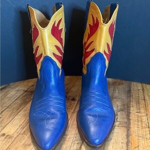Blue and Yellow Shortie Leather Cowboy Boots